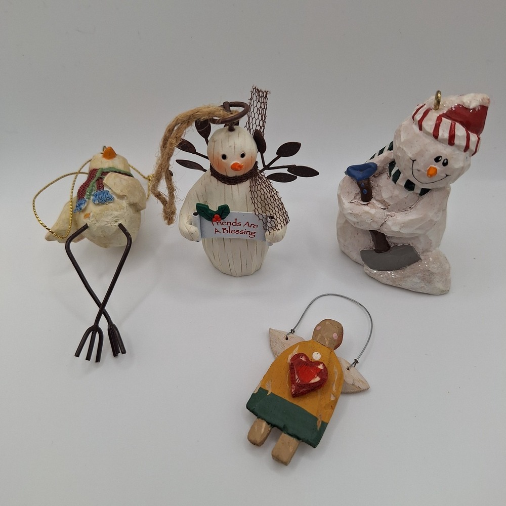 Lot of 4 Folk Art Farmhouse Rustic Ornaments Snowman Angel